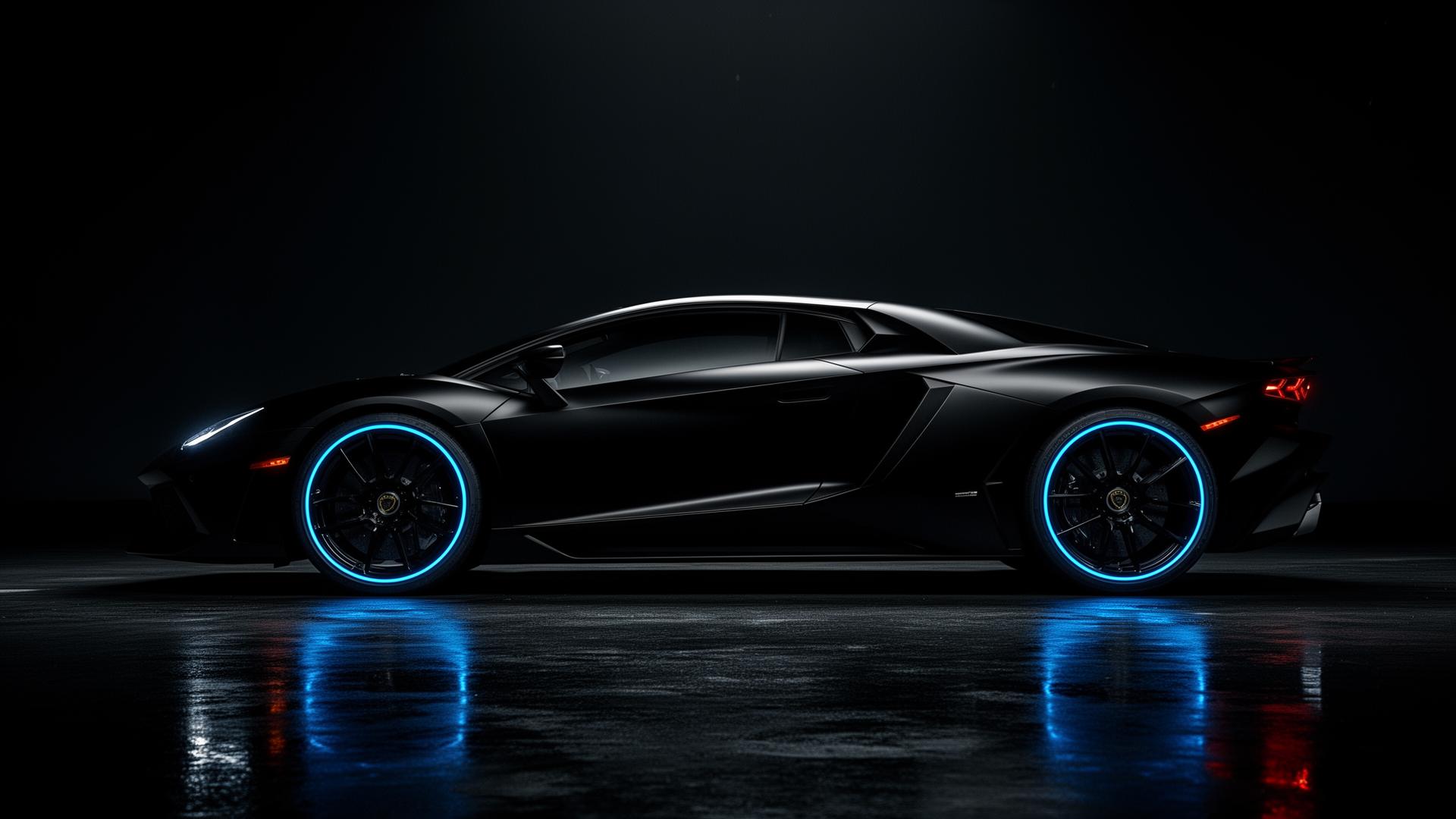 Matte black luxury sports car with electric blue rim lighting